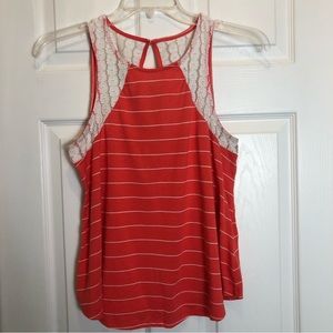 Self Esteem Coral and White Striped Sleeveless Top with Lace Detail. Size XL